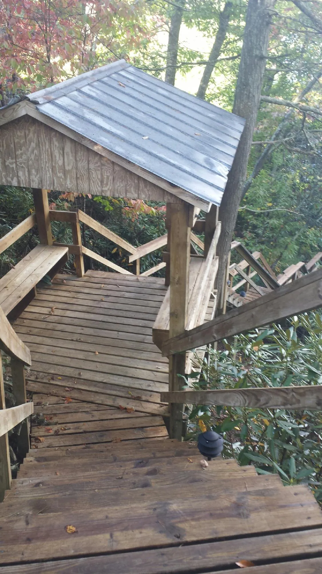 Metal roofed shelter over wooden steps on a wooded walkway — Skylight Repair & Installation work by our crew in Berryville